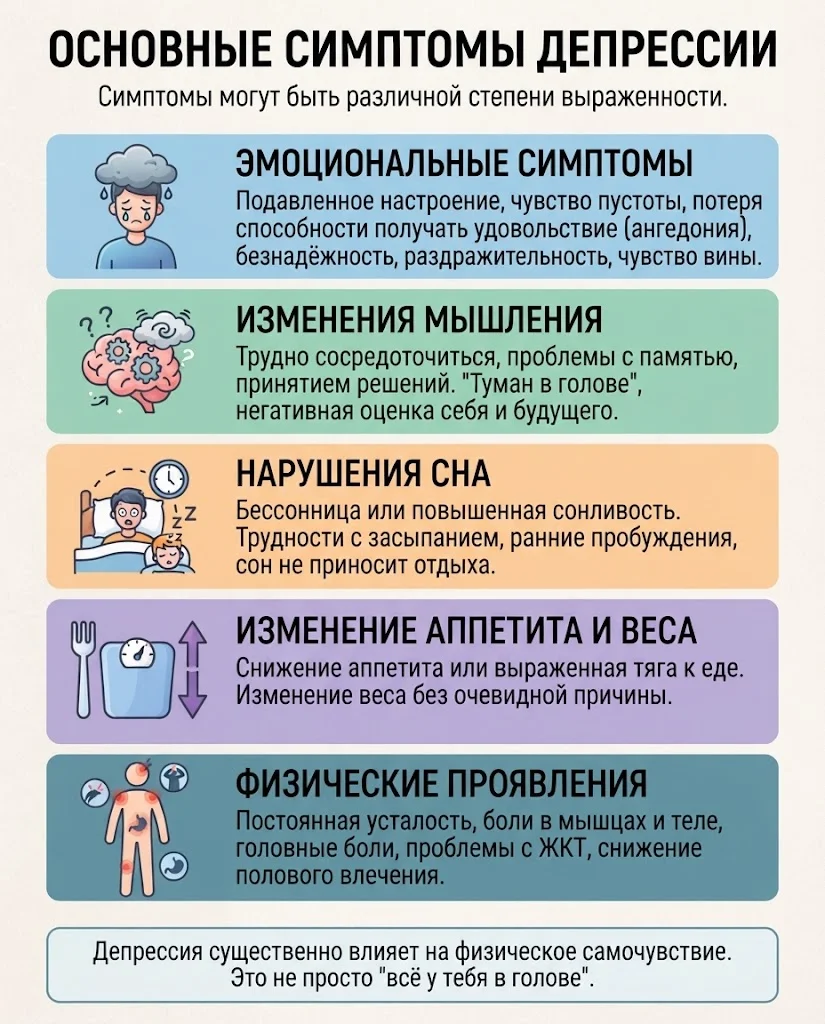 Инфографика - основные симптомы депрессии